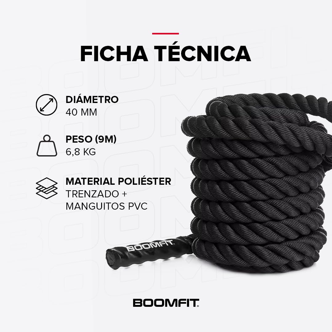 BOOMFIT Cuerda de Batalla 9 m | Battle Rope para Crosstraining y HIIT Ø40mm | Entrenamiento Funcional con Agarre Antideslizante para Gym en Casa y Exterior | Mejora Fuerza y Cardio para Atletas