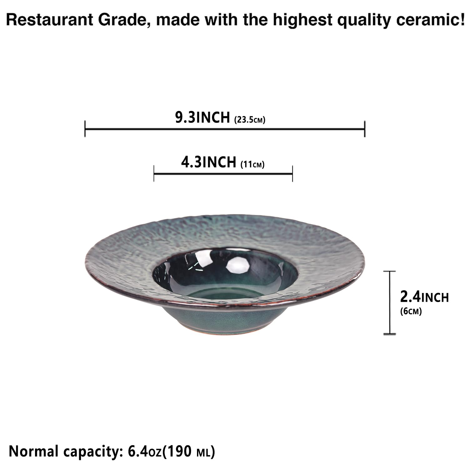 LIUYWYHCF Ceramic Rimmed Soup Plate, Soup Bowl 6.4 oz, Pasta Bowl Set of 4, Shallow Bowl Plate with Rim, Best choice for high-end restaurants, hotels, and foodies (Teal reactive glaze, 9.3 Inch)