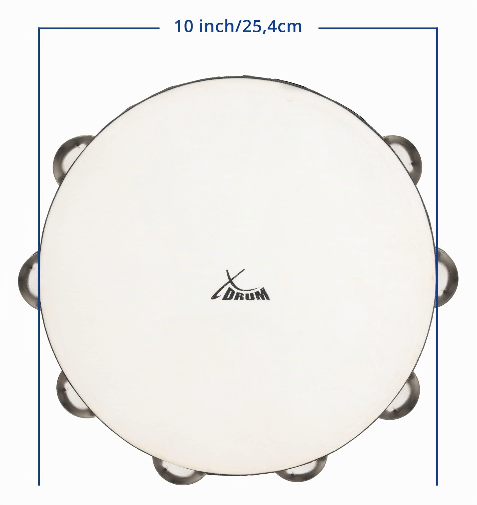 XDrum TMF10-BK Pandereta de 10" con Piel, Diámetro: 10" (25, 4 cm) | 4 cm), 16 pares de platinelas de acero inoxidable, Doble fila, Piel natural seleccionada, Marco negro de madera de arce, 5 cm