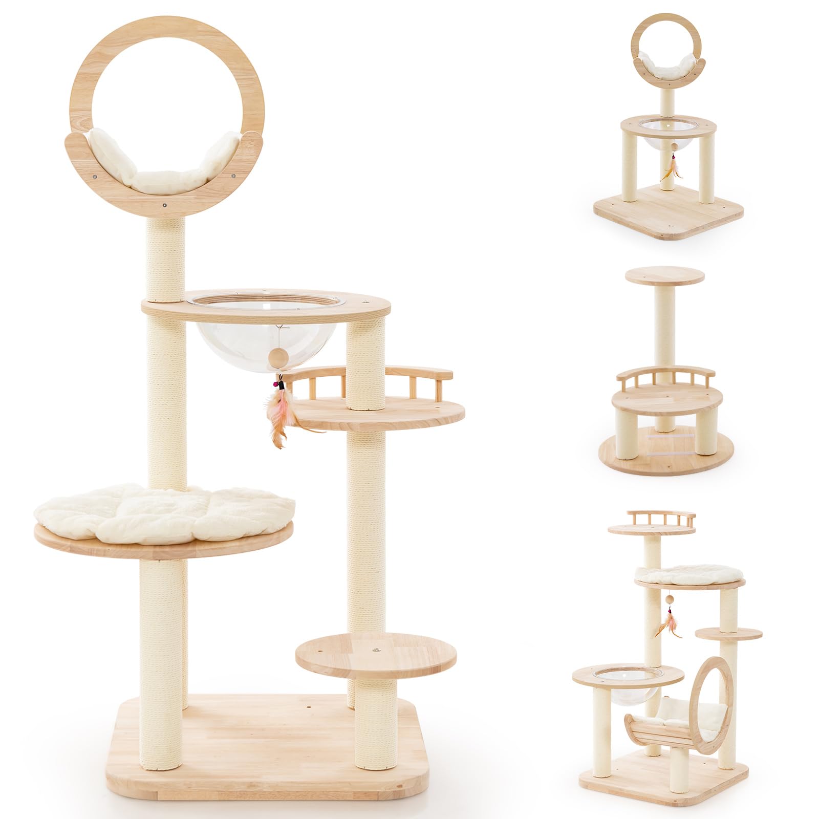 COSTWAY Arbre à Chat en Bois Convertible 4 en 1, Grande Tour à Chat 146 CM en Blocs de Construction avec Condo, Hublot et Griffoir, Centre d’Activités pour Chaton avec Jouet Suspend, Bois de Chêne