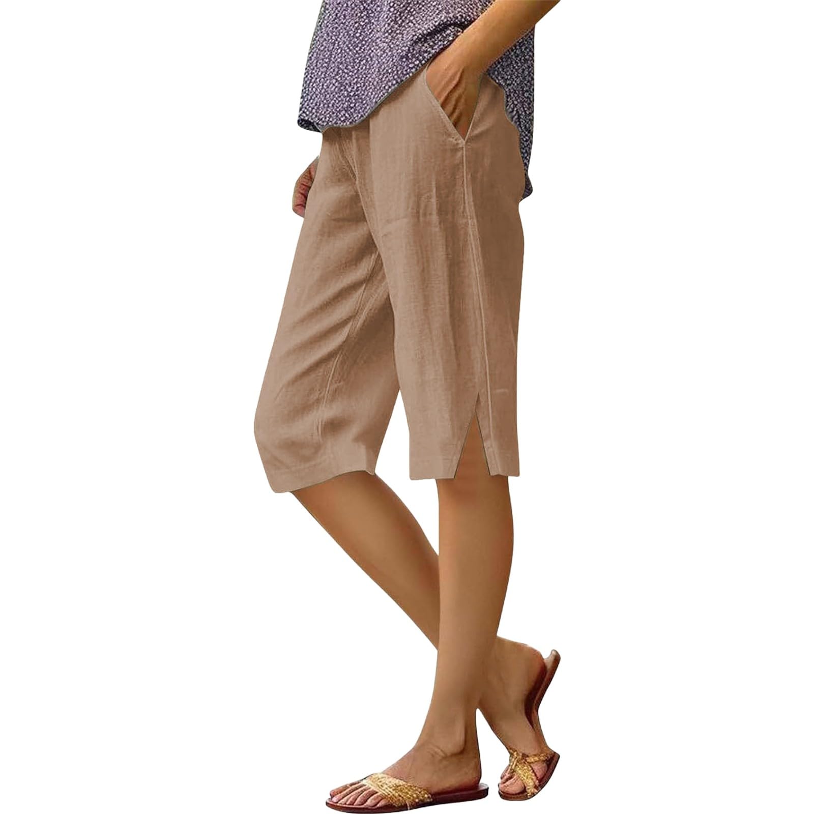 Womens Knee Length Capri Shorts Comfy Bermuda Shorts with Pocket Summer Elastic Waist Drawstring Pull on Short Capris