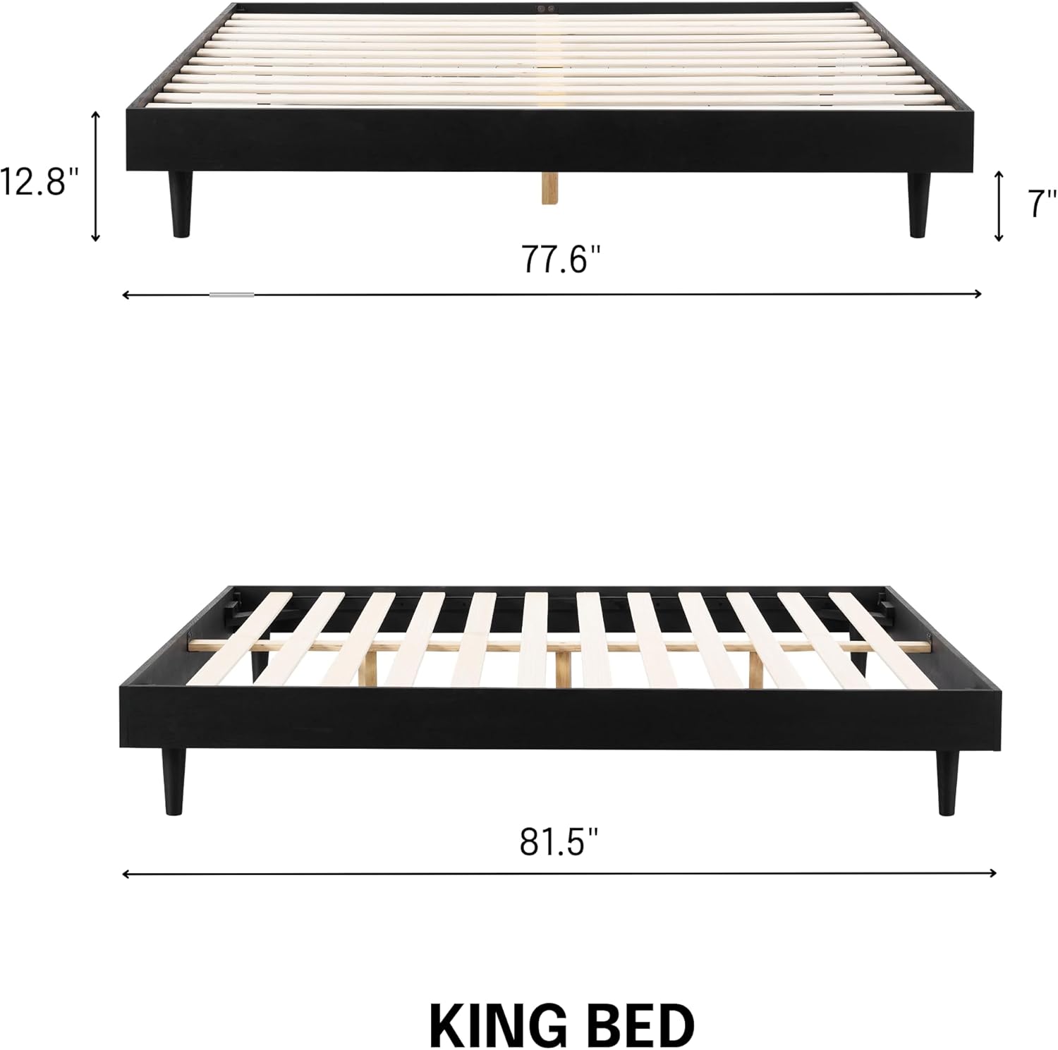 NTC Fly Wooden Bed Frame Without Headboard, Solid Oak and Rubber Wood Foundation with Silent Slats and Wood Central Supports, 1000 Lb Capacity, Effortless Assembly, King - Burnt Black
