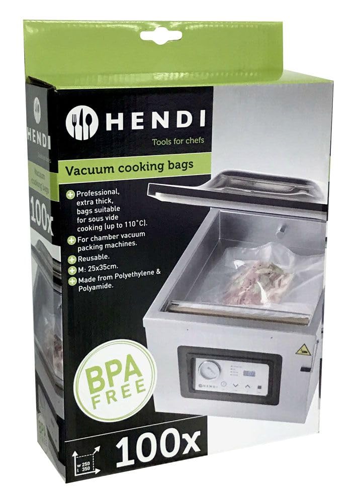 HENDI Sacchetti lisci per cottura sous-vide e confezionamento sottovuoto, 100 pezzi, da -20 °C a +110 °C, 350x250mm, 75µm, PA/PE, senza BPA