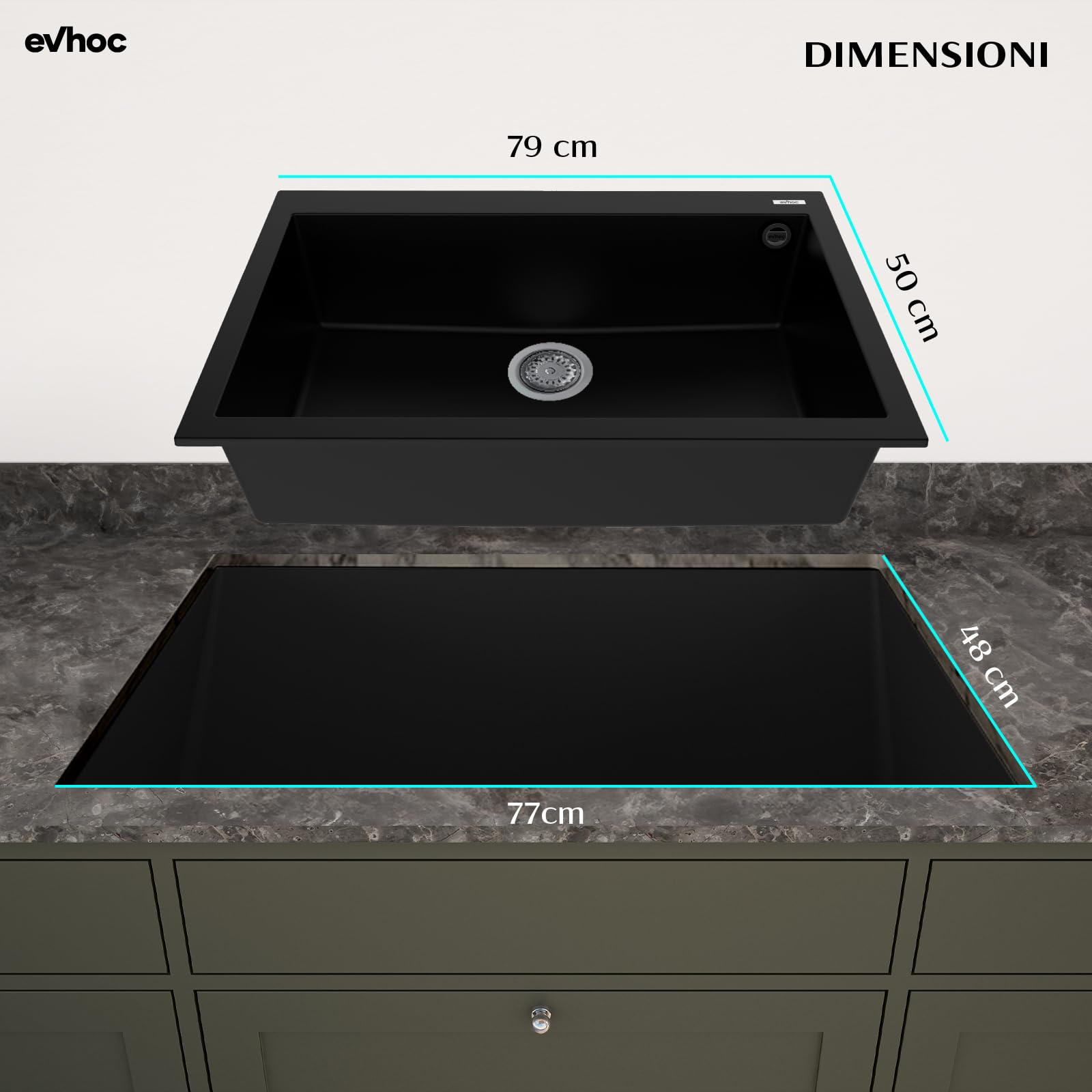 EVHOC Lavello Cucina Sopratop 1 Vasca 79x50 cm, Nero, NHEO L