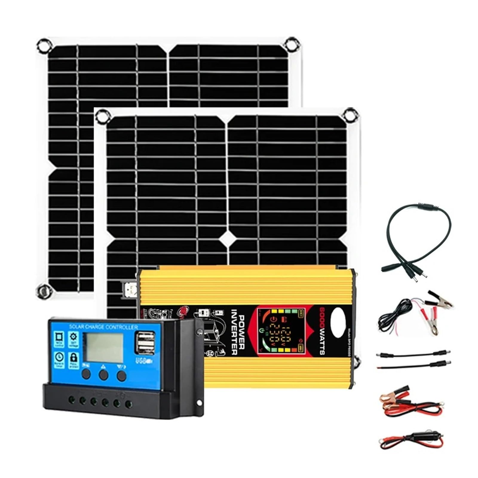 Inversor Potencia Conjunto Completo Inversor Doméstico 6000W 220v 30A Controlador 200W Panel Solar Generador Portátil Kit Fotovoltaico Camping para Coche Convertidor