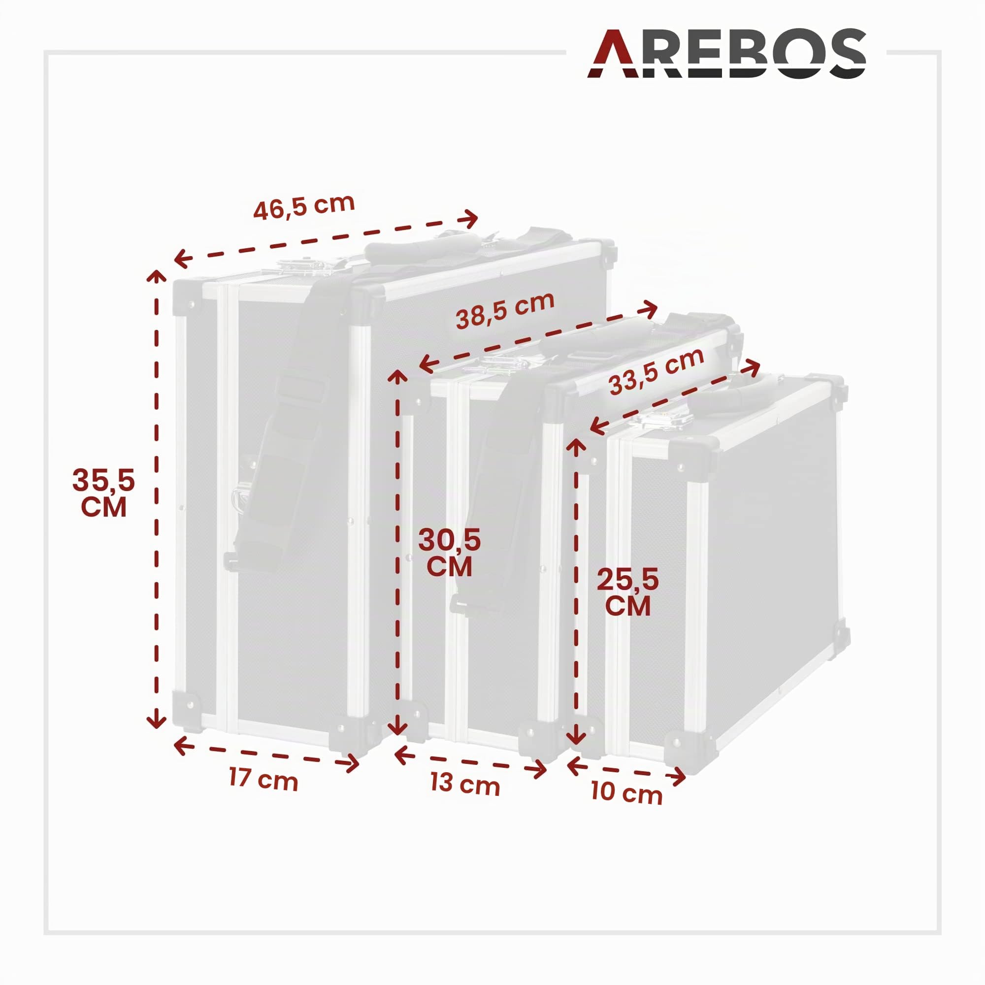 Arebos Lot de 3 valises de rigides | 50L volume total | verrouillable | boîte à outils | rangement | voyage | poignée télescopique