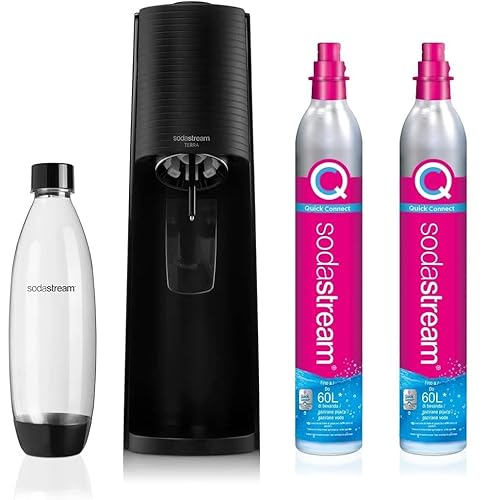 SodaStream Terra Sparkling Water Maker, Sparkling Water Machine & 1L Fizzy Water Bottle, Retro Drinks Maker w.BPA-Free Water Bottle & 2x Quick Connect Co2 Gas Bottles for Home Carbonated Water - Black - Terra Black Machine, Water Bottle + Pink Gas X 2