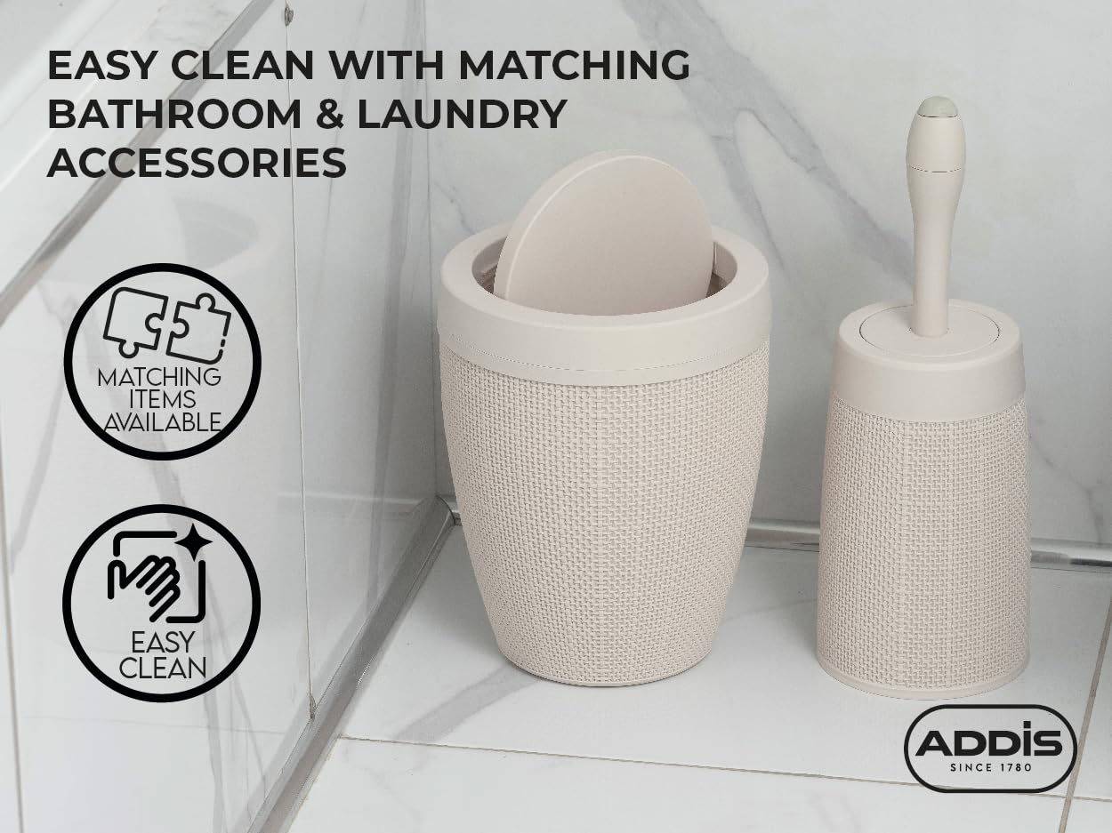 Addis Faux Hessian Round Swing Lid Plastic Bathroom Bedroom Home Office Bin, 5 Litre Capacity, Clean White