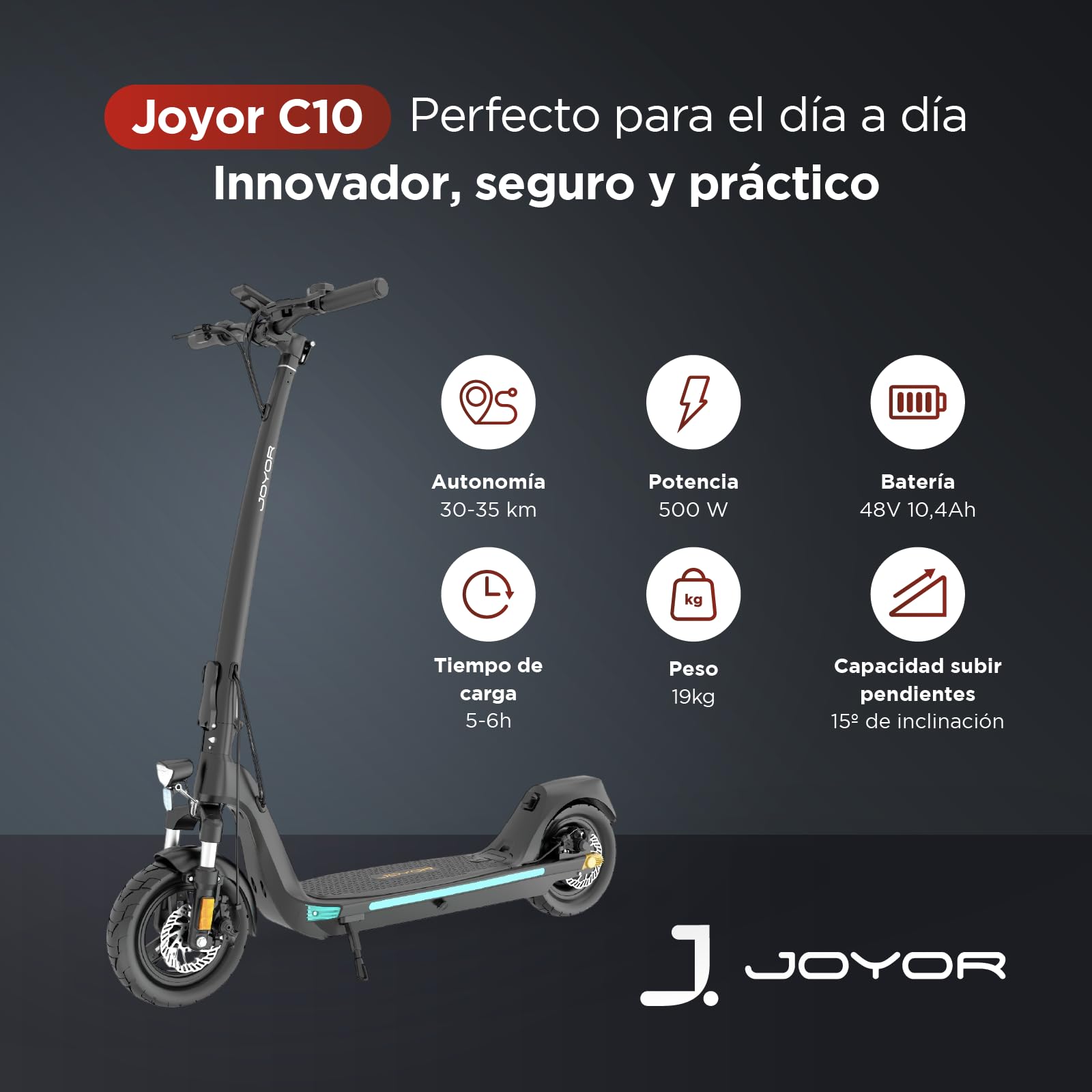 JOYOR C10 DGT Patinete Electrico Adultos - Motor de 500W Autonomía 35km Batería Extraíble Neumáticos de 10" Doble Suspensión - Scooter Homologado DGT