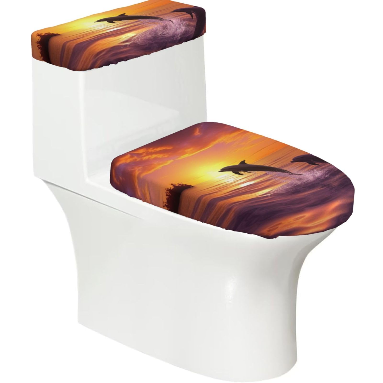 FekiLoot Sunset Dolphins Toilet Lid Cover and Toilet Tank Cover Set of 2,Dust Splash Resistant Toilet Top Covers Soft Washable Toilet Lid Seat Cover for Bathroom Office Home Decor