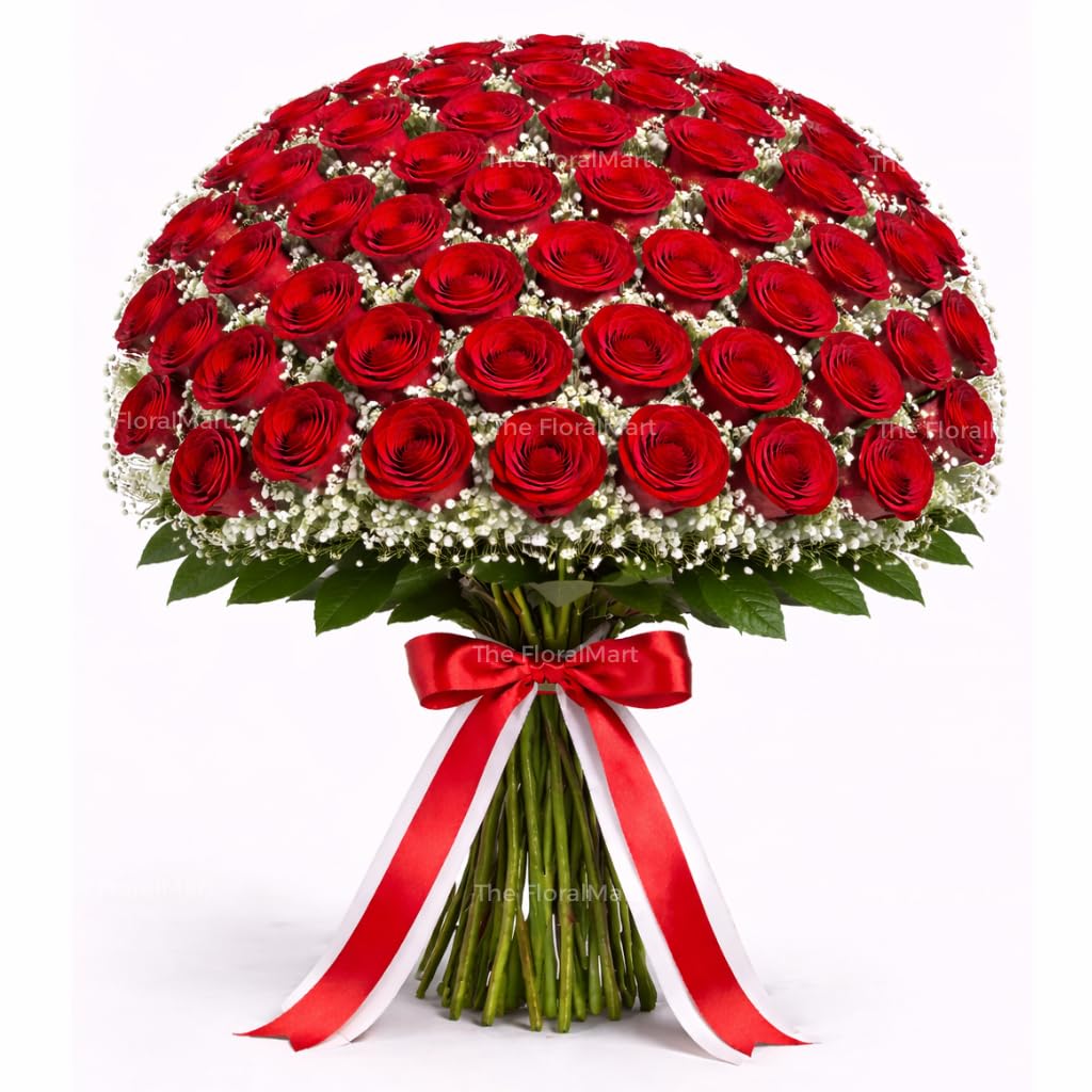 The FloralMart Fresh Flowers Bunch of 75 Red Roses Hand Tied with Ribbons with Seasonal Fillers, for Birthday Gift, Anniversary Gift, Wedding Gift, Valentines Day Gift, (Same Day Delivery)-picture-23