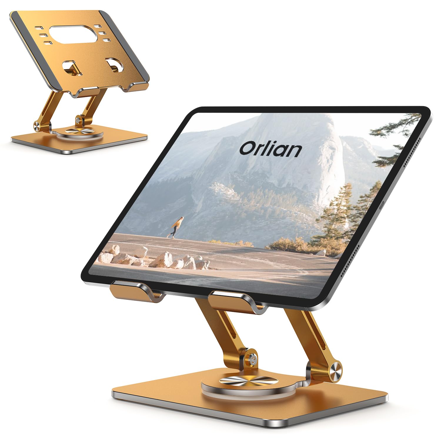 Orlian Soporte para tablet con base giratoria de 360° gruesa, soporte de aluminio ajustable de doble varilla para todos los iPad de 5.8 a 12.9 pulgadas, iPad, Samsung, tablet, Kindle E-Reader y más