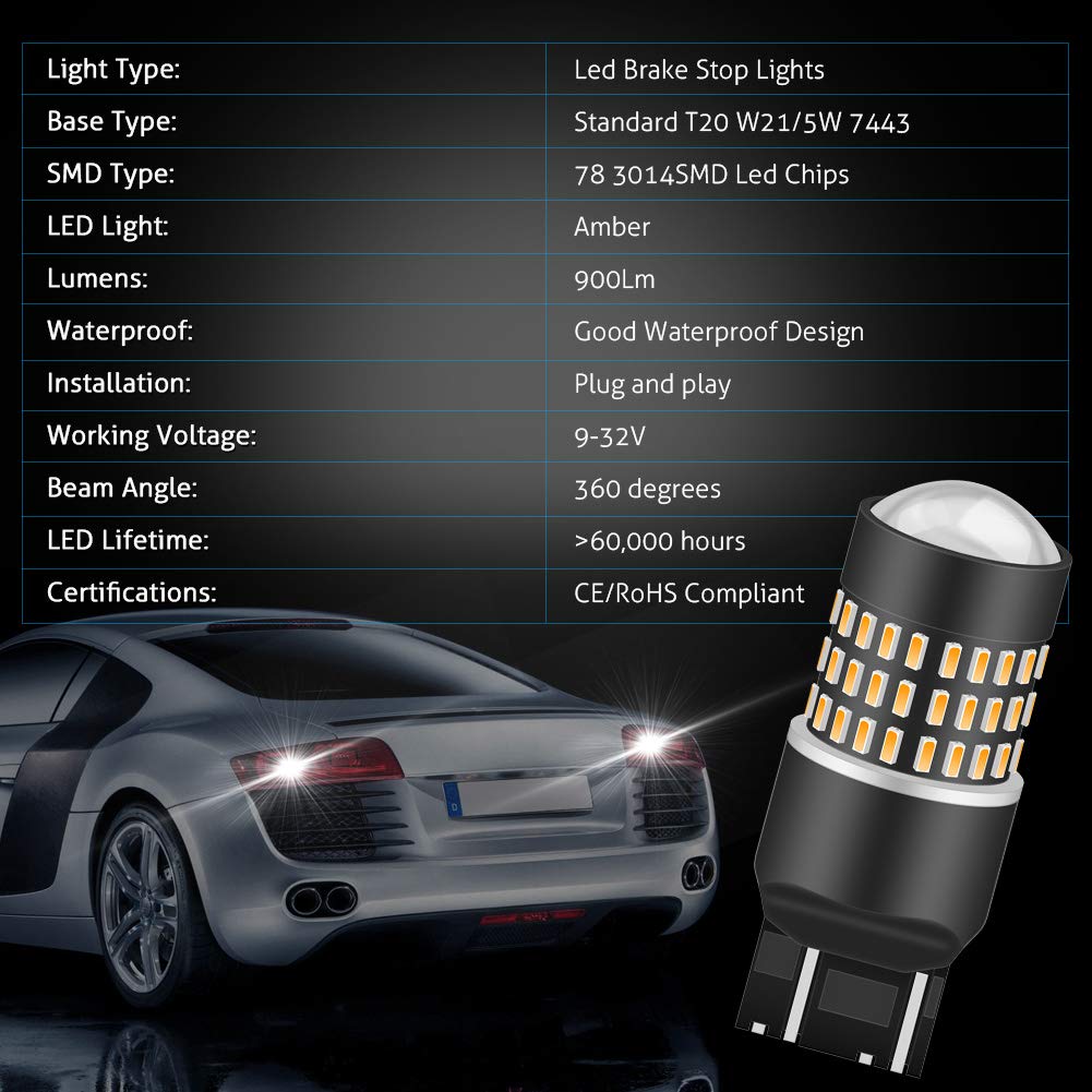 KATUR 7443 7444NA 7440 7440NA 992 żarówka LED 900 lumenów 3014 78SMD soczewki LED żarówki do kierunkowskazu hamowania, tylne światło hamowania, bursztynowe (opakowanie 10 szt.)
