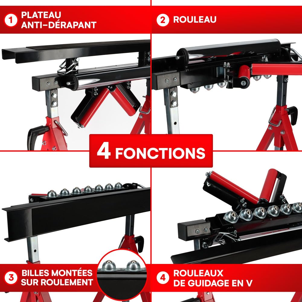 Tréteau multifonction - Servante à rouleaux 4en1 - Fixe antidérapant, rouleaux et à billes - Hauteur réglable - Charge max 200kg