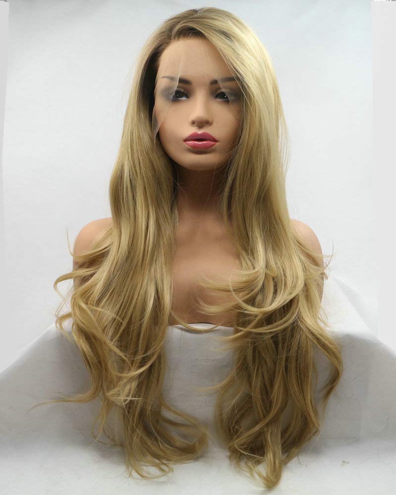 13×3 Ombre Blonde Long Wave Wig Pre Plucked Natural Hairline Brown Blonde Ombre Synthetic Lace Front Wigs for Women Cosplay Party Daily Wear 24" Blonde Wigs with Dark Root Side Part Heat Safe