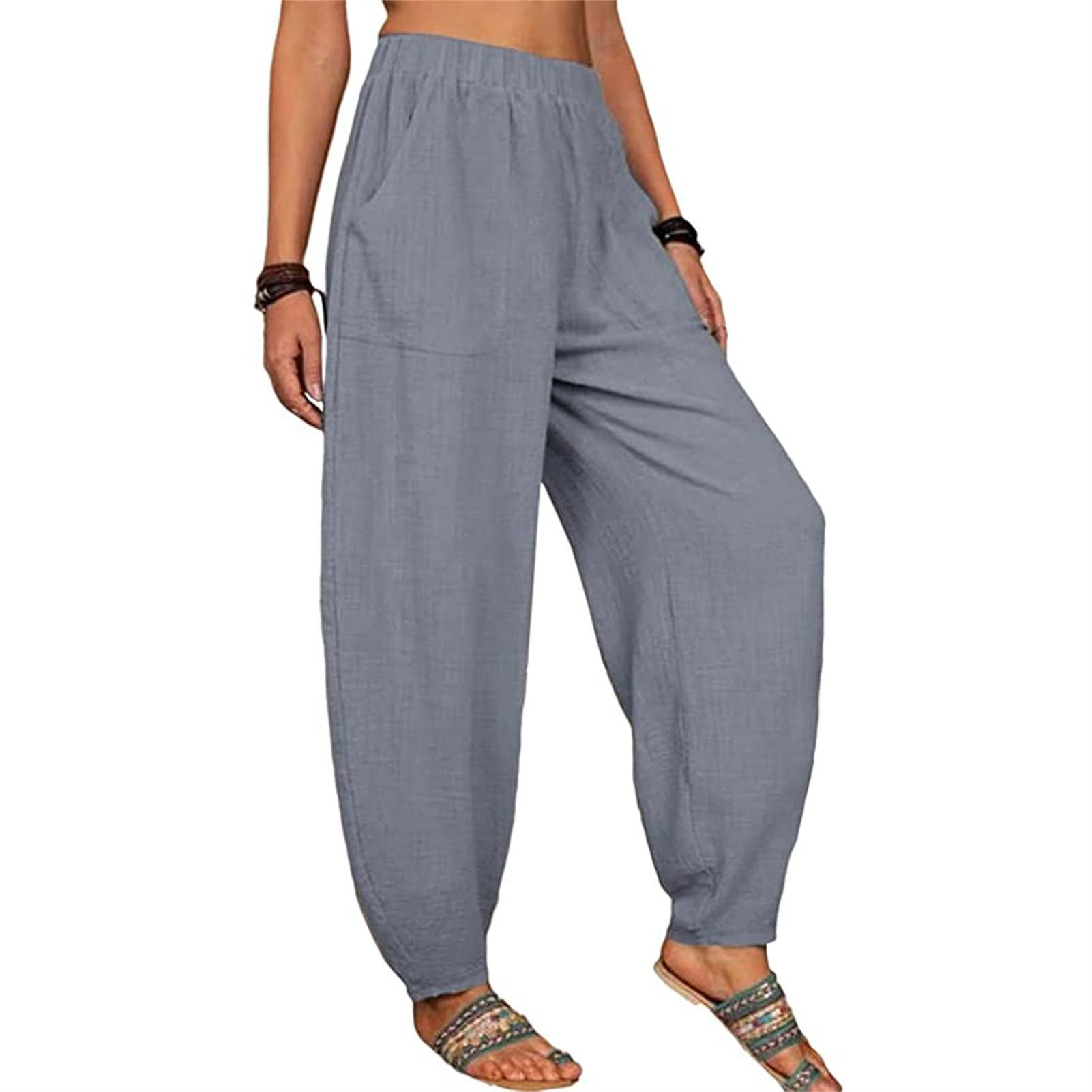 Maiyifu-GJ Women's Baggy Linen Wide Leg Pants Elastic Waist Casual Loose Long Trousers High Waisted Comfy Lounge Pant (Grey,5X-Large)