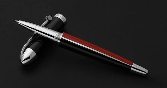 Xezo Visionary Brass and Aluminum Rollerball Pen, Fine Point. Hand Lacquered in Red and Black. Numbered in Limited Edition of 500. Classic Art Deco Color Disposition, Retrofuturistic Body Style