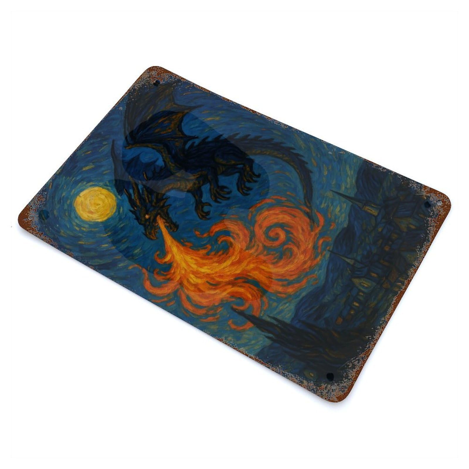 Dragon Fire Starry Night Painting Decorative Tin Sign 11.8"x7.9", Ideal for Garage, Bar And Workshop Decor