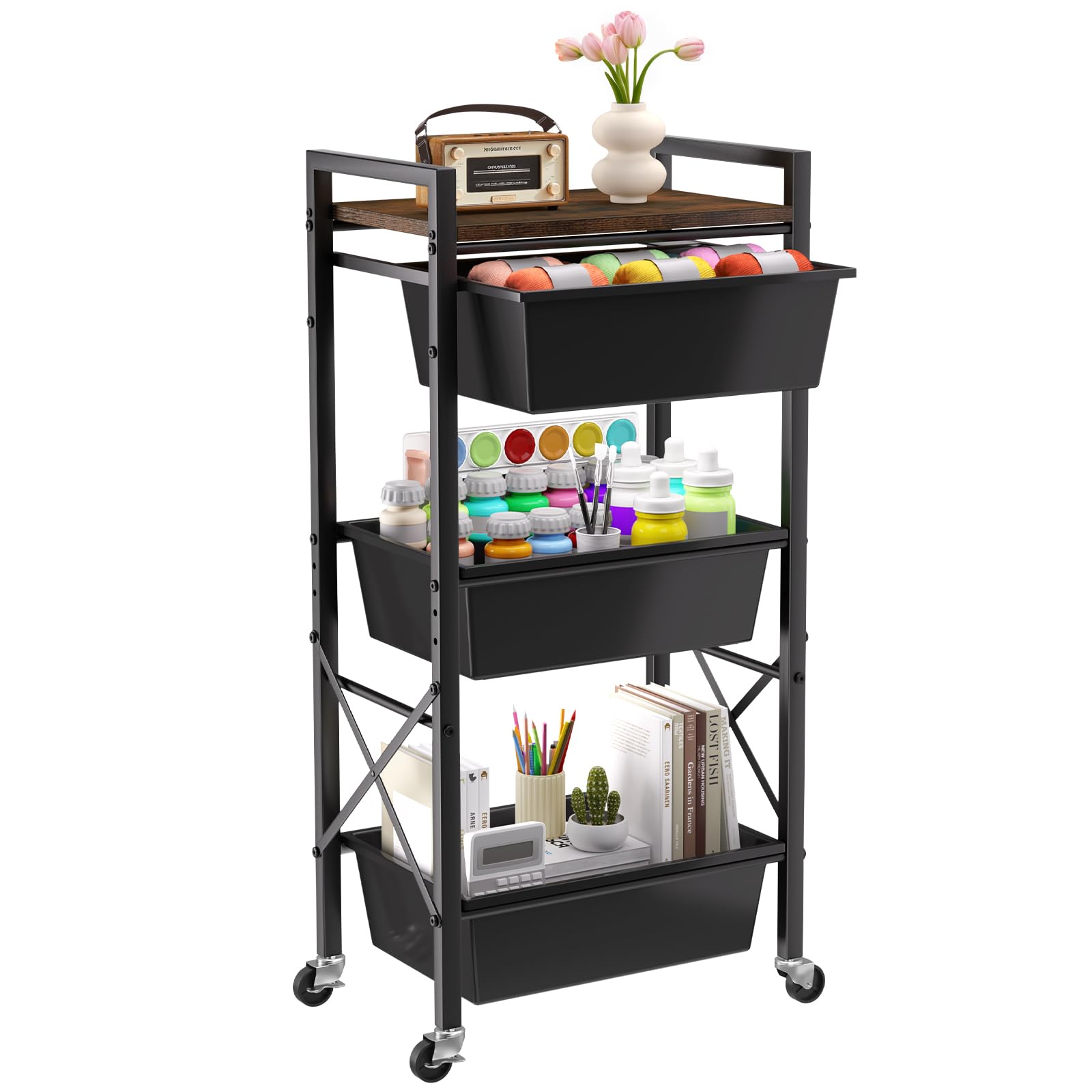 3 Tier Rolling Utility Cart with Drawer, Plastic Drawer Storage Snack Craft Book Cart with Lockable Wheels & Wood Tabletop, Metal Shelf Storage