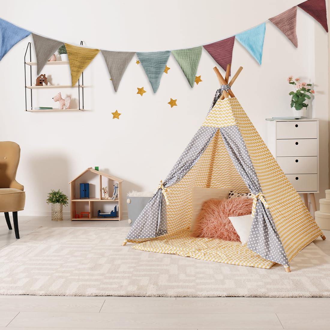 Ghirlanda Di Bandierine In Tessuto Di Cotone Multicolore - Lunga 2,86 Metri, 10 Pezzi - Decorazione Per Festa Di Compleanno, Matrimonio, Cameretta - 2
