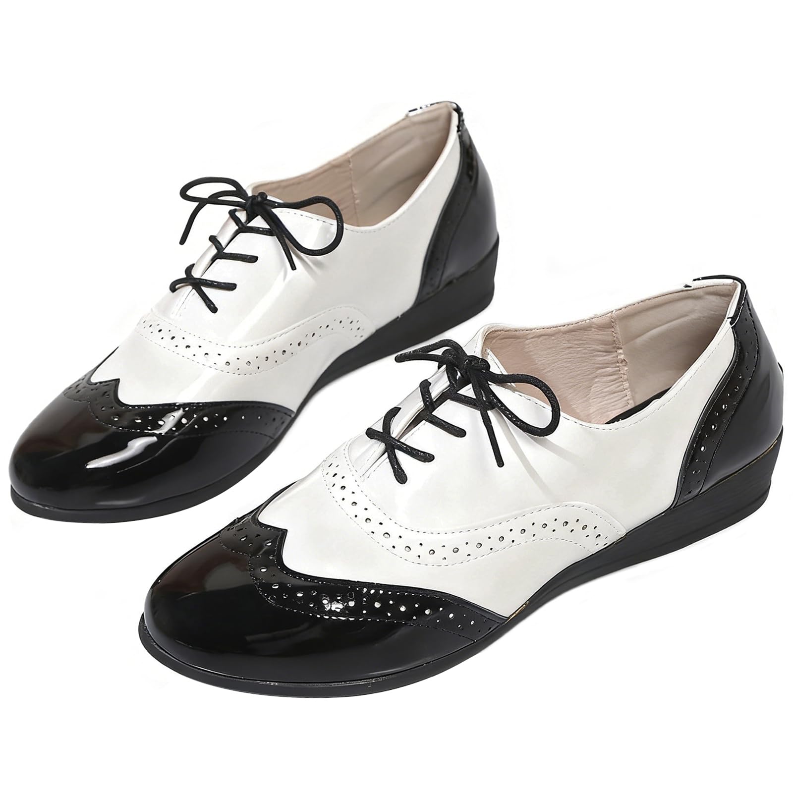 Womens Patent Leather Wingtip Flat Oxford Shoes Perforated Lace-Up Vintage Brogue Dress Shoes for Business Office Everyday Wear