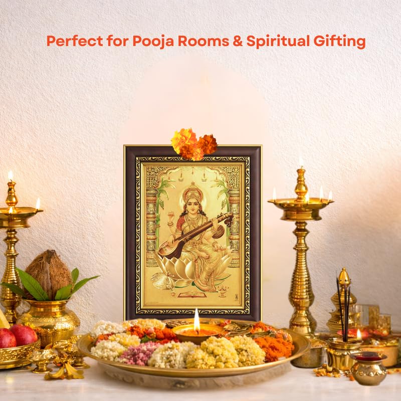 Image of Paramporul Gallery Saraswathi Vidya Lakshmi Gold Foil Photo Frame for Pooja Room, Hindu God Wall Decor, Ready to Hang, 10x14 Inch