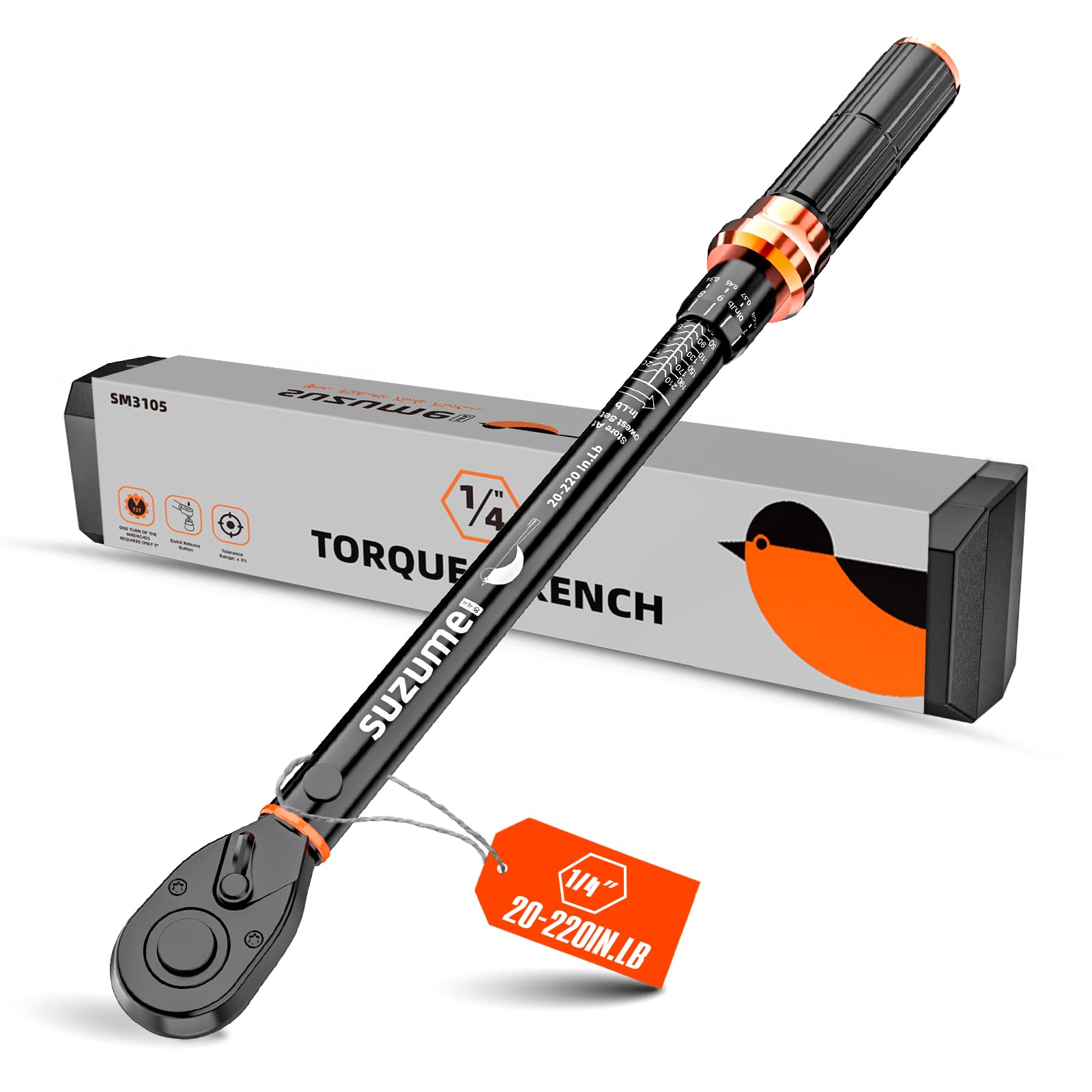 SUZUME 1/4 Torque Wrench (20-220 In.Lb/ 2.3-24.9 N.m) ±3% High Accuracy Torque Wrenches 72 Tooth Dual-Direction Adjustable Dual-Scales Inch Pound