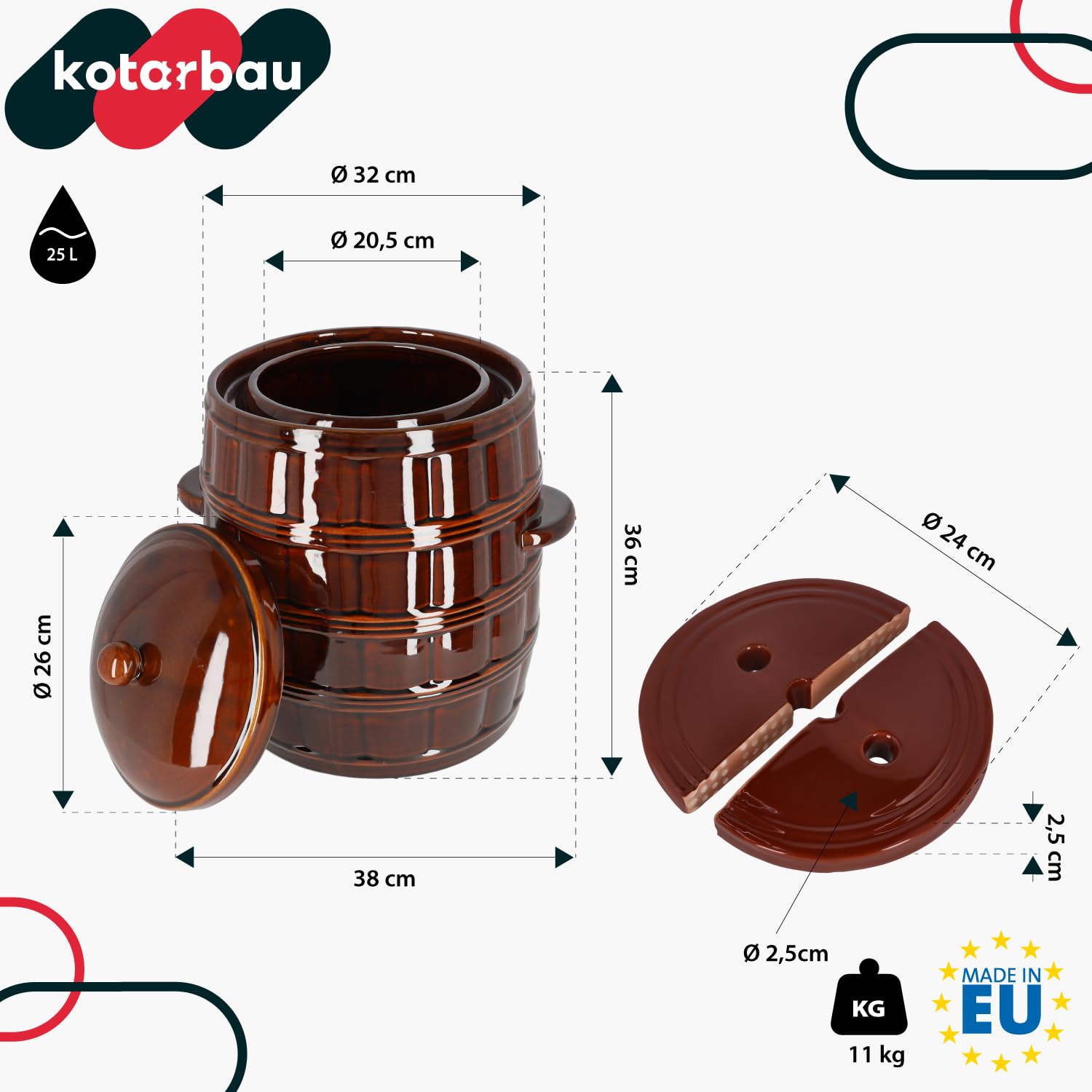 Kotarbau® - Pentola per fermentazione in terracotta ermeticamente chiudibile SizeName da usare per la fermentazione con coperchio + pietra di peso, marrone, 25 L
