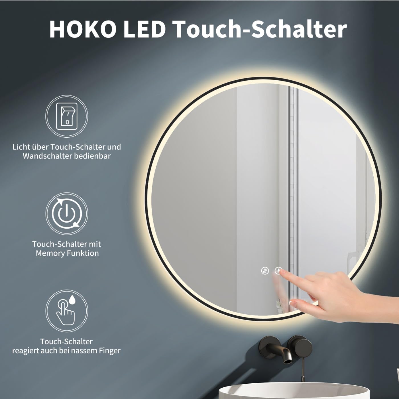 HOKO Wandspiegel Rund 80cm Badspiegel Beleuchtung mit Anti-Fog+Rahmen+Touch Schalter Memory+Licht Wechsel 2700-6500K Warmweiß-Kaltweiß-Neutral