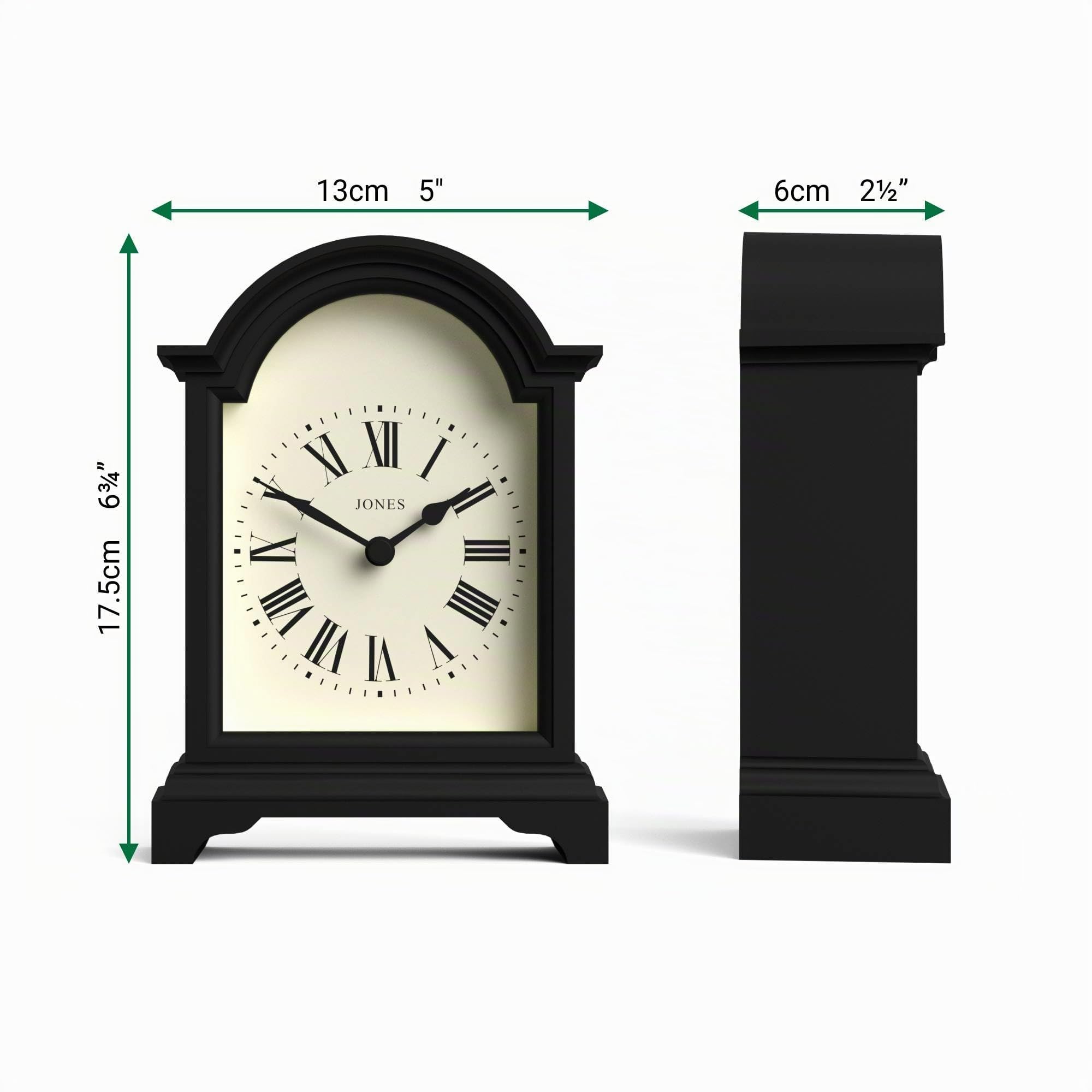 JONES CLOCKS® Bistro Kaminsimsuhr | Kleines klassisches wagenuhr-Design mit bogendecke | Schwarz | Zeitgenössischer klassischer Stil für kaminsims, Schreibtisch, Tisch, Regal und nachttisch