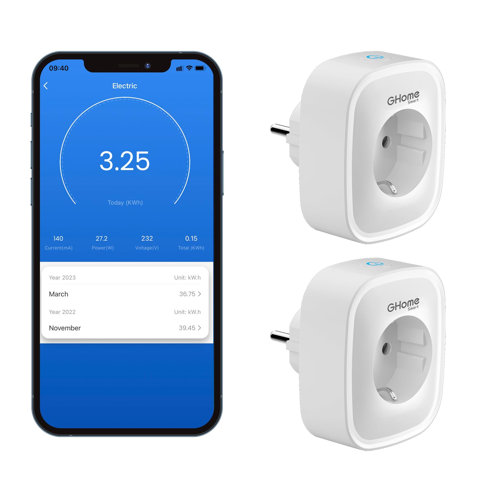 GHome Smart GHome Smart Enchufe Inteligente, Enchufe wifi con monitoreo de energía 16A 3600W, Compatible con Alexa y Google Home, Control remoto por App, Encendido y Apagado Programado, solo wifi de 2.4 GHz,2Pack