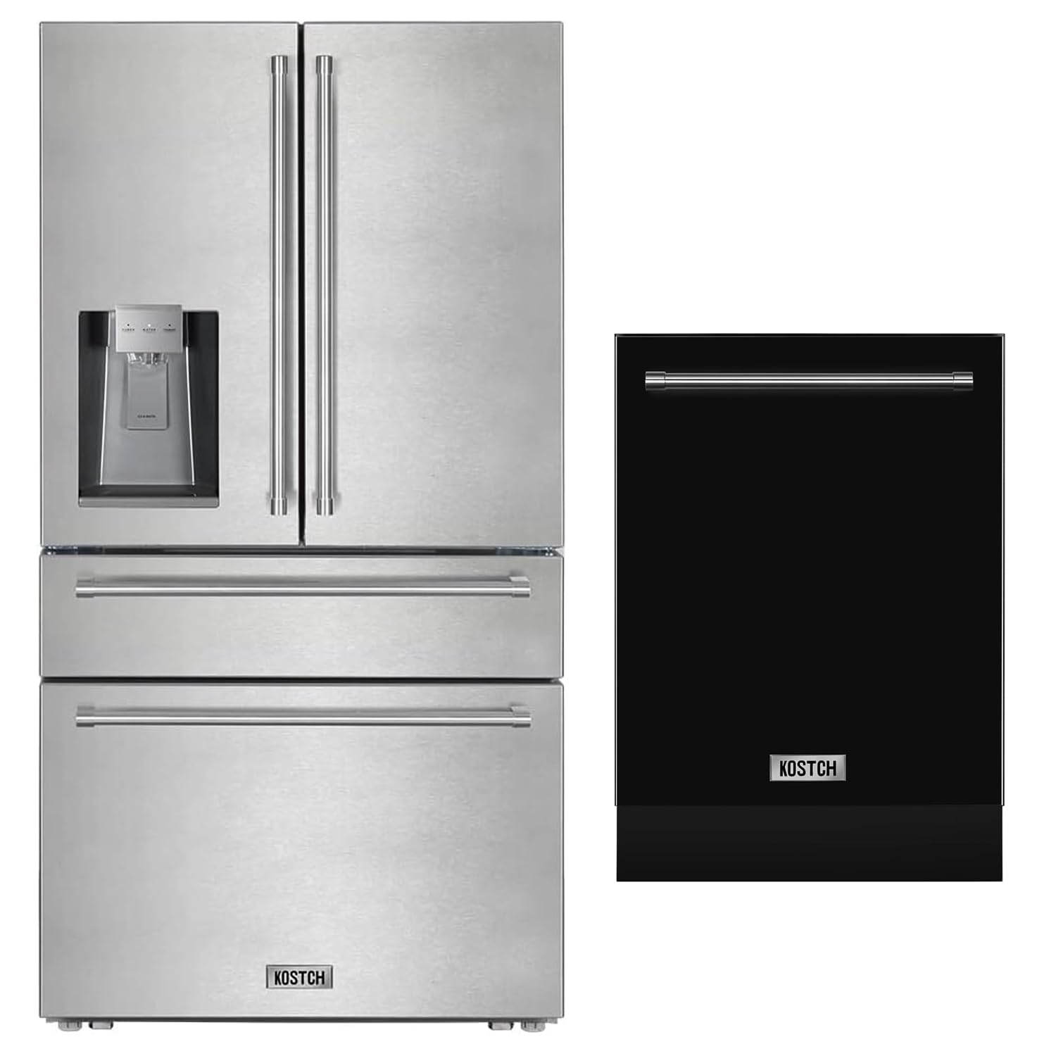 2 Set - 36 inch 21.6 cu. ft. French Door Refrigerator/Fridge with Ice and Water Dispenser, & Large Capacity 24 inch Top Control Built-In Dishwasher, 47-dBA Ultra-Quiet (Black-SS)