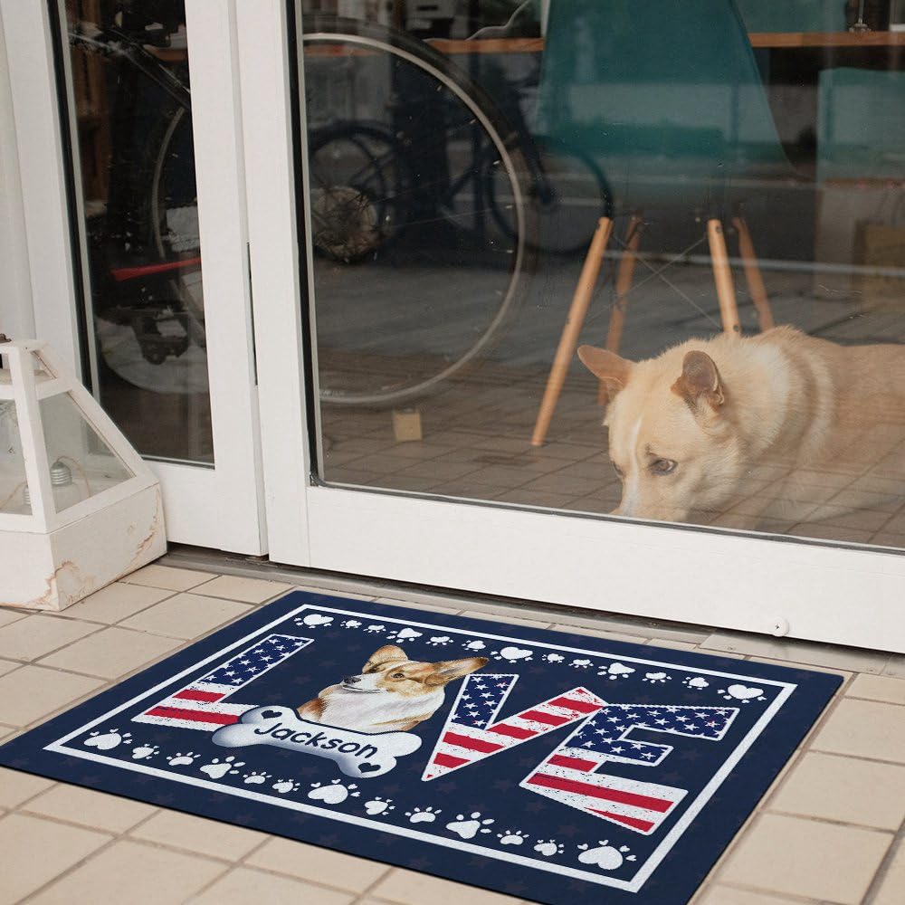 Felpudo de bienvenida personalizado con diseño patriótico de bandera americana con diseño de minueto, tapete antideslizante para porche, entrada, interior y exterior, decoración del hogar