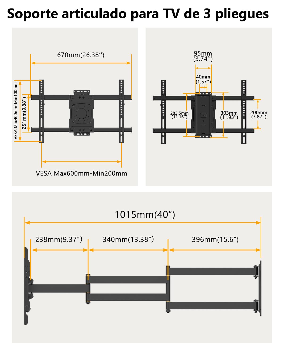 Soporte TV Pared con 1016mm Brazo Largo, Inclinable Giratorio y Extensible, Brazo TV Pared Esquinero para Pantallas de 37-75 Pulgadas máx. VESA 600x400mm hasta 45kg