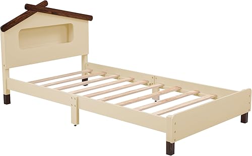 Miniatura 7 de Merax Cama de plataforma, marco de cama de madera de tamaño individual con cabecero en forma de casa y luces nocturnas activadas por movimiento para