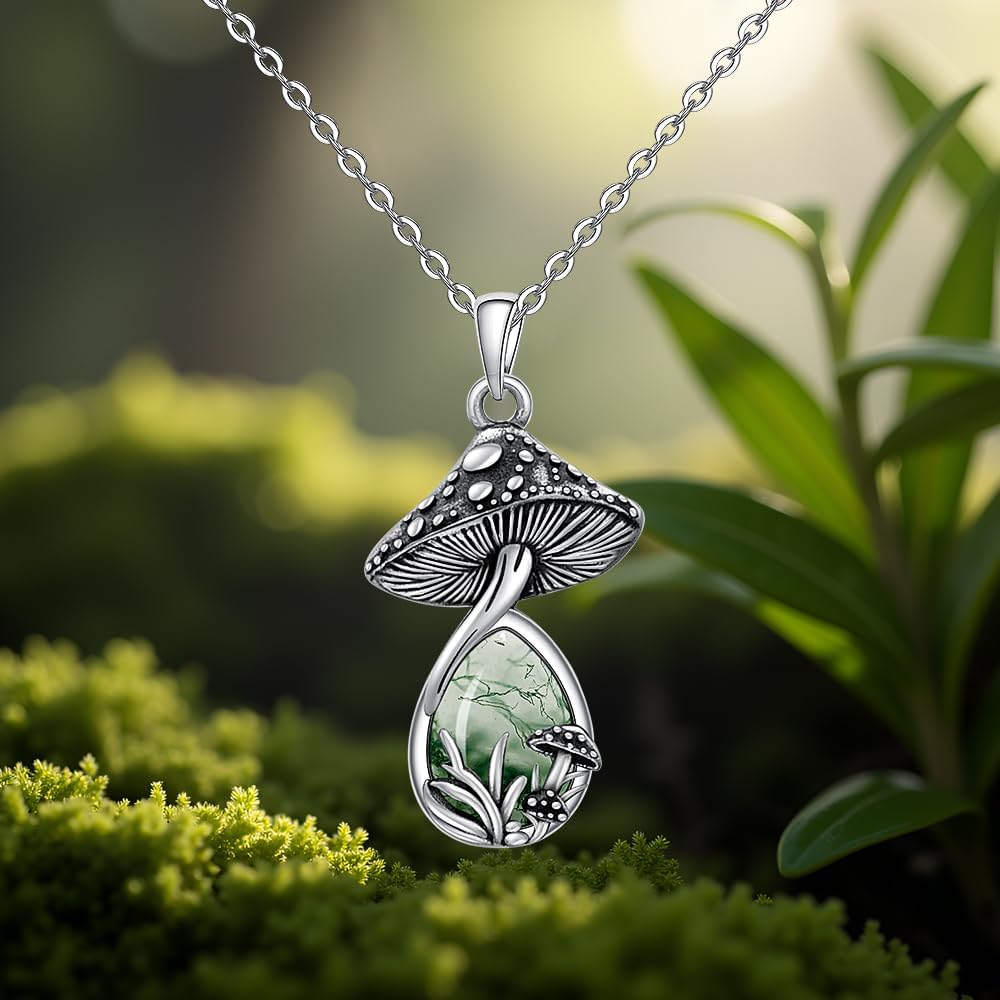 Moss Agate Mushroom Necklace for Women Sterling Silver Mushroom Necklace Gifts Moss Agate Jewelry Lovers Themed Pendant Charms - Image 9
