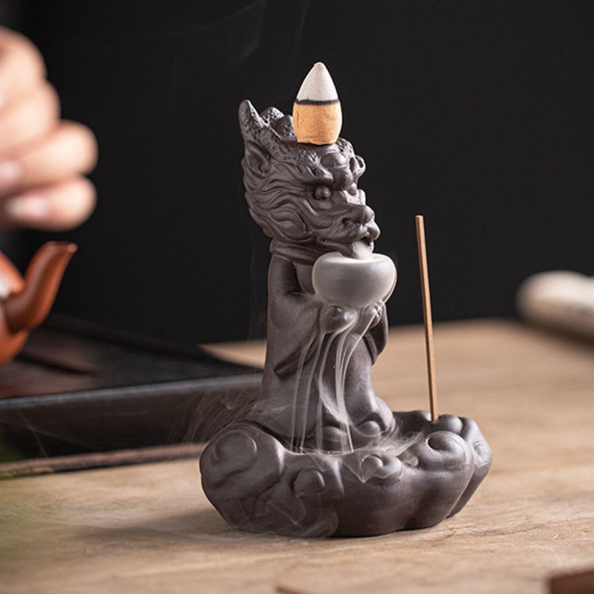 倒流香炉 Incense Holder,紫砂创意佛手悬壶香插回流茶壶流香炉 Incense Holder,禅意 Incense Burner Stick 招财摆件-12376