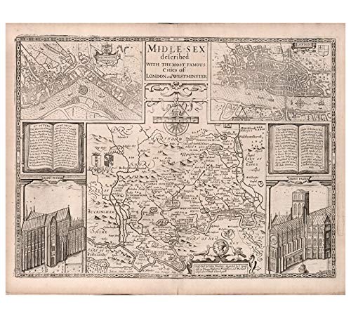 Old Map of London and Westminister, Middlesex, England, Fine Art