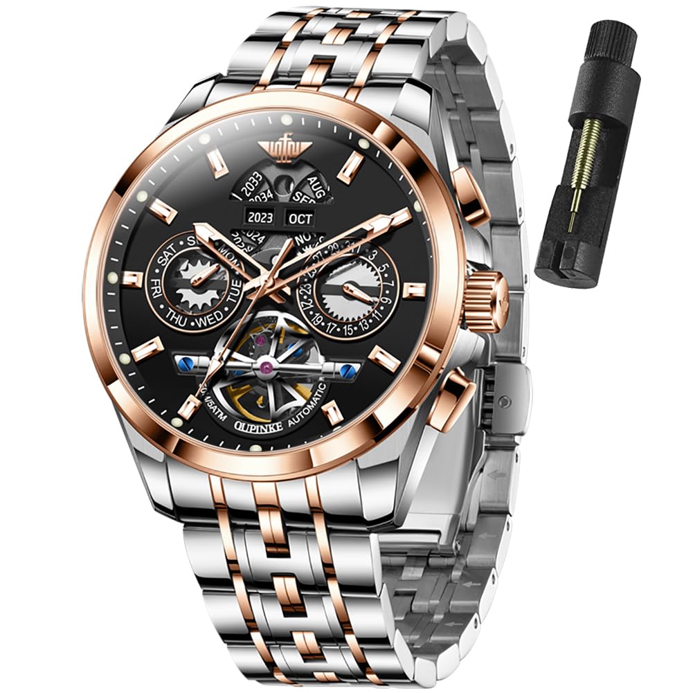 OUPINKE - Reloj automático para hombre, 5 manecillas, calendario múltiple, año, mes, semana, fecha, mecánico, 5 ATM, impermeable, acero de tungsteno, cristal de zafiro, reloj de pulsera para hombre