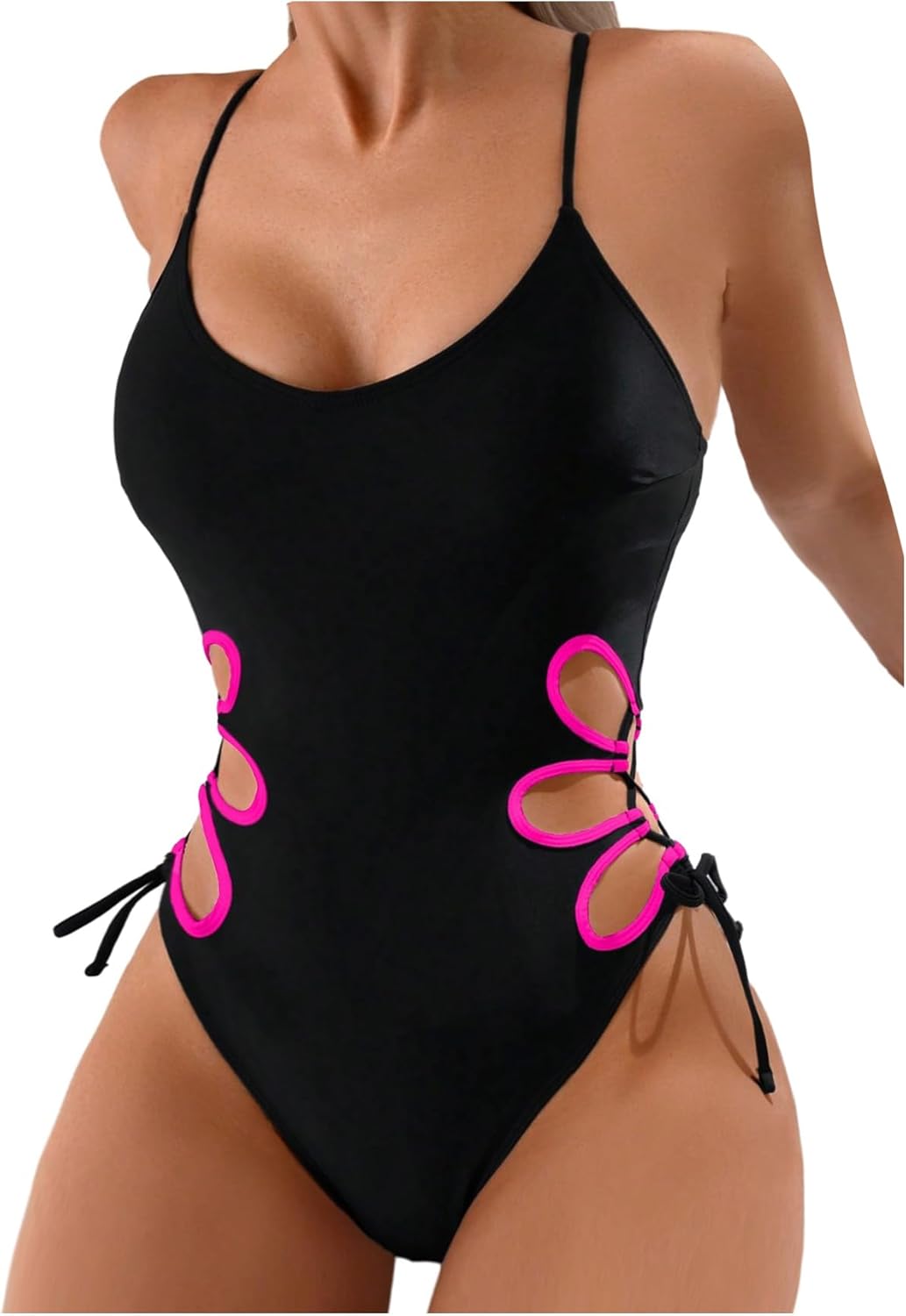 OYOANGLE Women's One Piece Swimsuit Spaghetti Strap Lace Up Cut Out Bathing Suits Beachwear