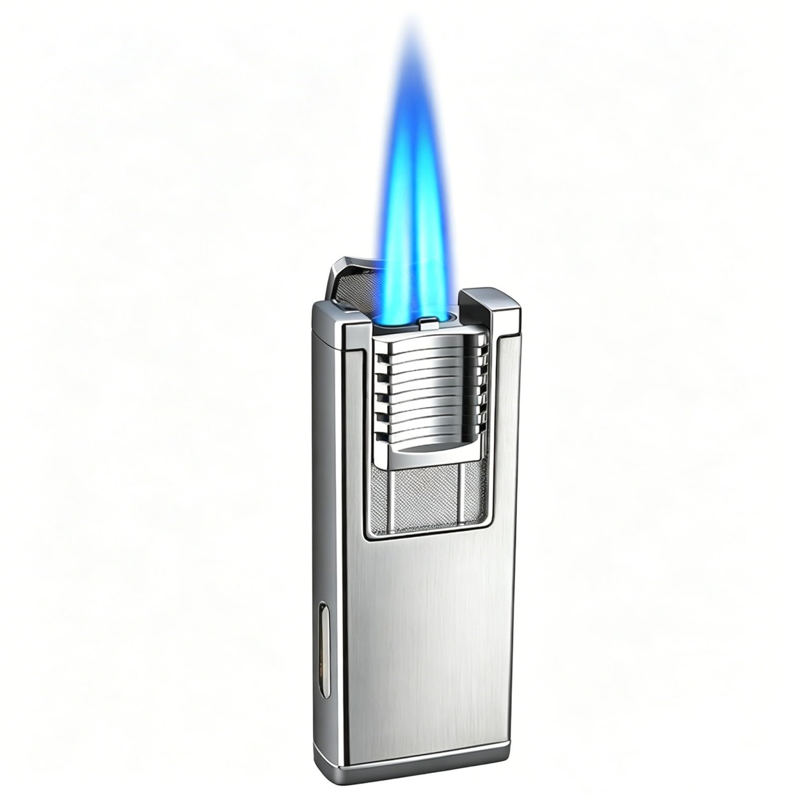 Dual Jet Lighter with Built-in Punch, Refillable Butane Windproof Blue Flame Lighter with Visible Fuel Window & Adjustable Flame, Zinc Alloy Pocket Lighter for Men's Gift (Butane Gas Not Included)(B)