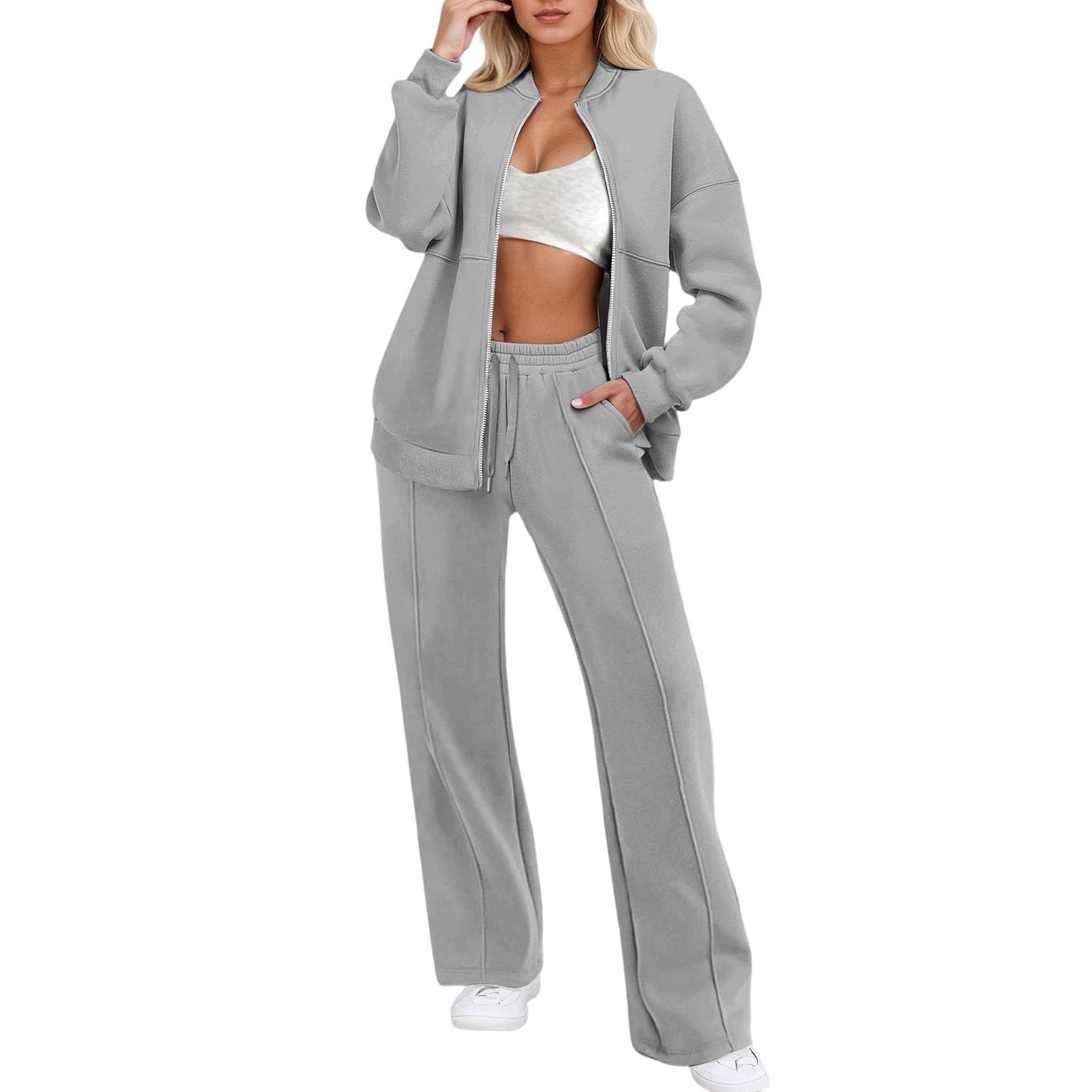 Stilvoller Damen Hosenanzug Set Moderner Reißverschluss Cardigan Passende Lange Hose für Elegante Garderobe