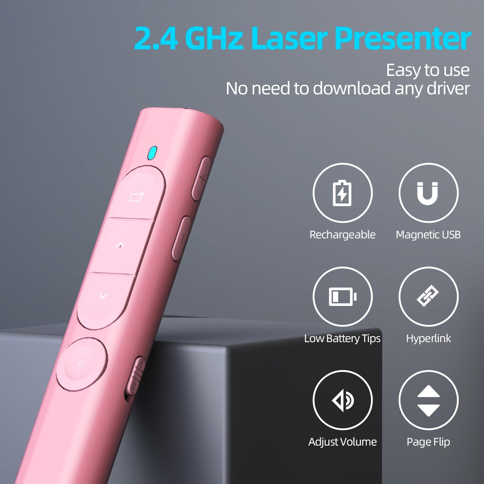 Télécommande Présentation Sans Fil Rechargeable avec Hyperlien & Contrôle Volume, Compatible Mac PC Ordinateurs Portables (Rose)