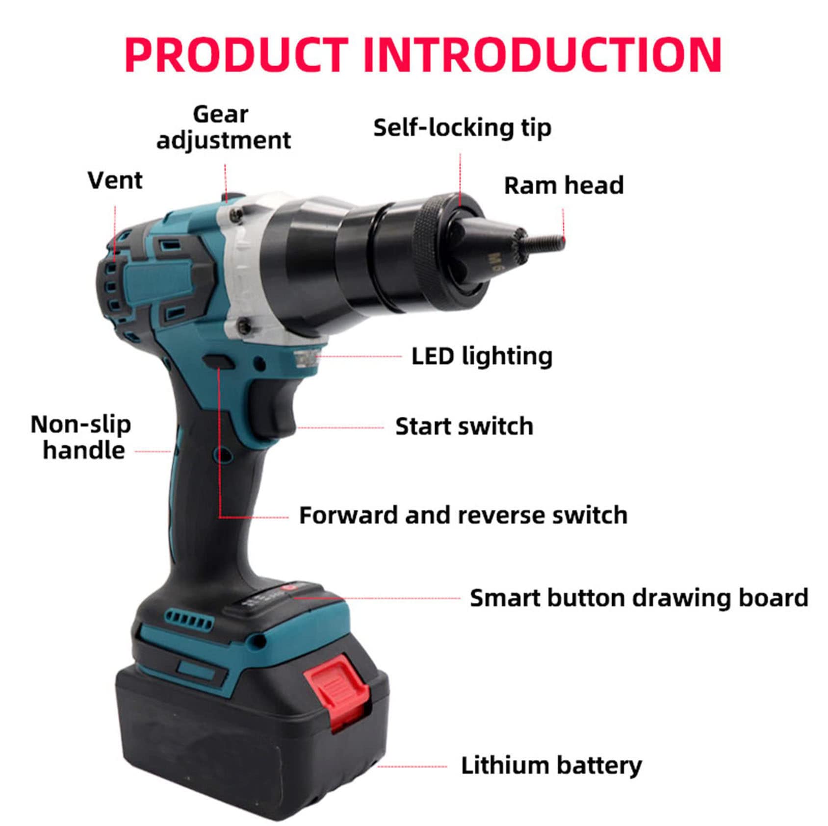 Adaptador De Pistola De Remache Eléctrico Herramienta De Inserción De Remachador Con 2 * Batería, 4000mah Portátil Inalámbrico Recargable Eléctrico Remachador Ciego