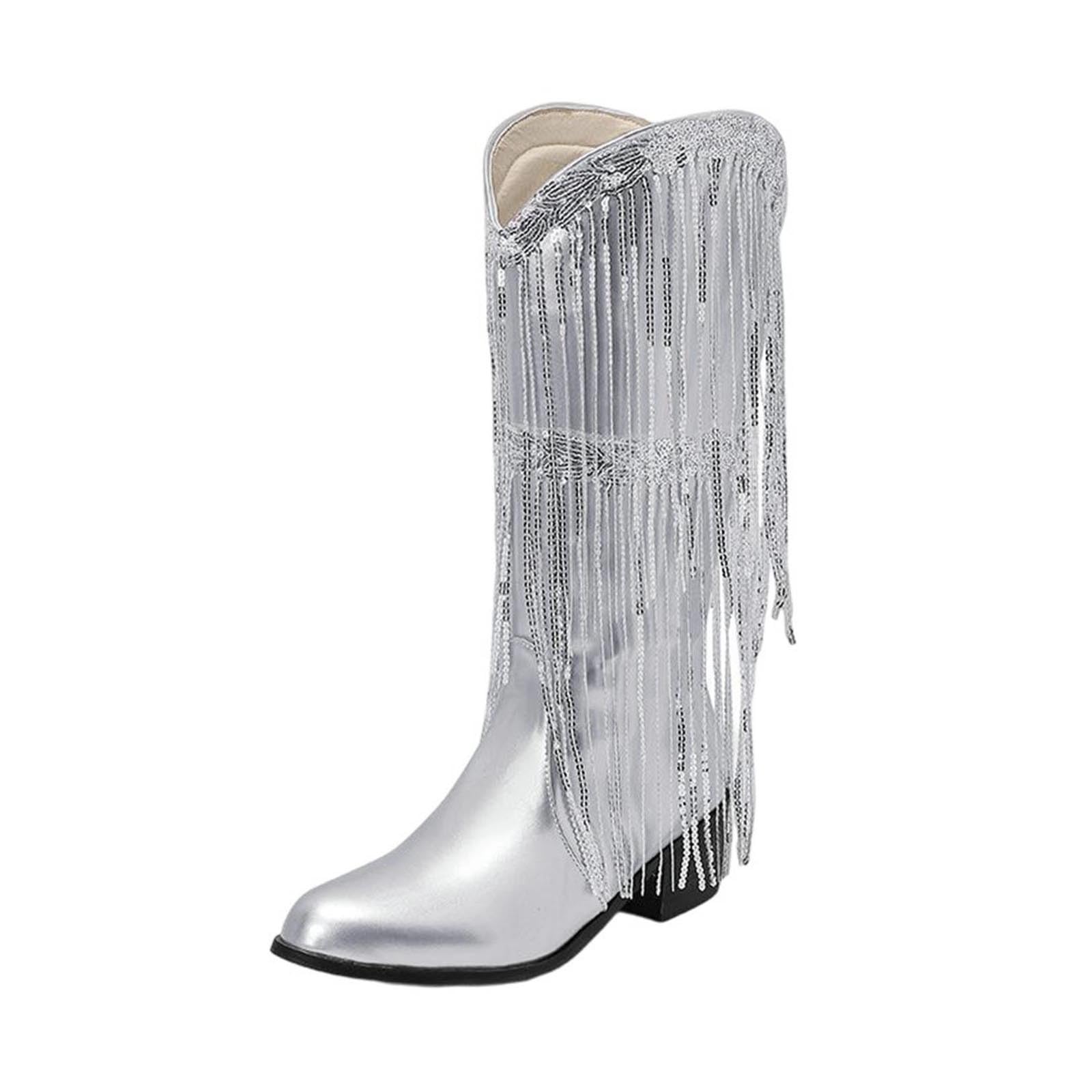 Womens Knee-High Boots with Tassel Pointed Toe and Thick Heel for Winter Casual Wear