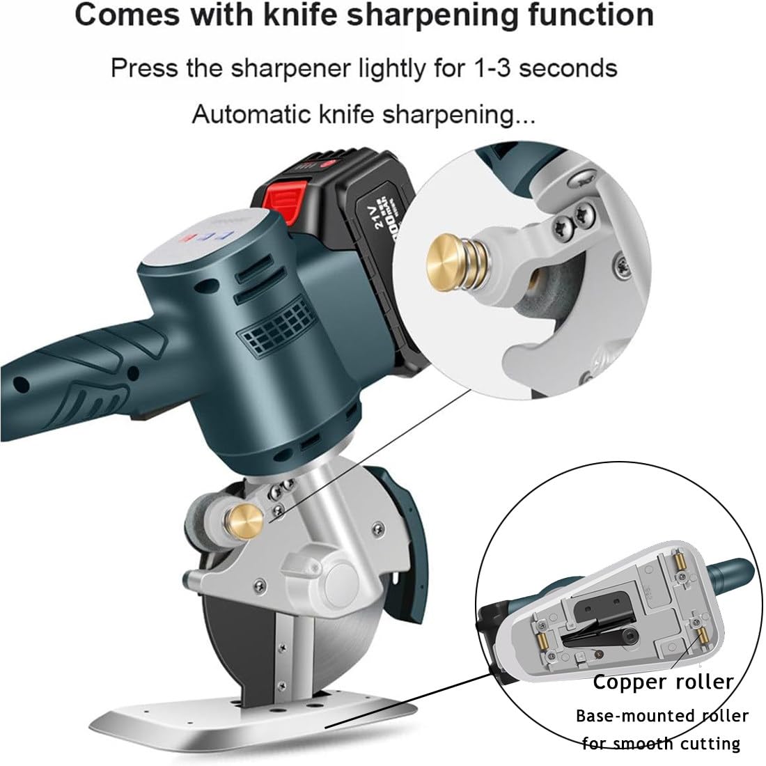 Cortador de tela inalámbrico profesional con afilado automático, corta tela, cuero, alfombras de hasta 45 mm, incluye 2 baterías recargables
