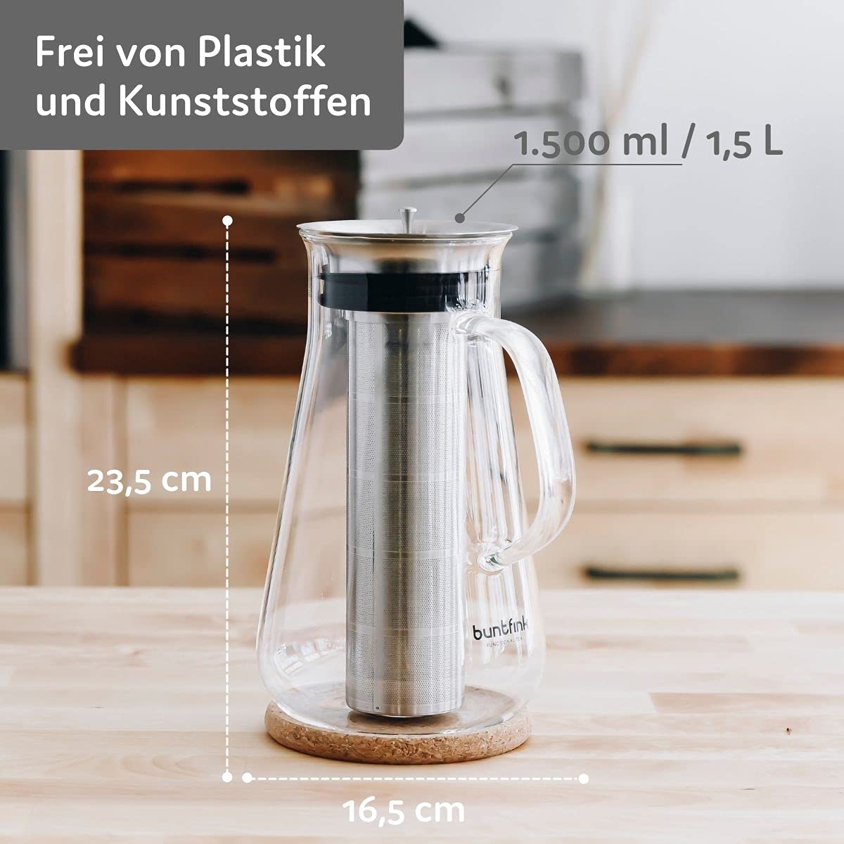 buntfink MultiPitcher zaparzacz do kawy 3 w 1 do Cold Brew Coffee | szklana karafka 1,5 l | karafka na wodę z pokrywką ze stali nierdzewnej | zaparzacz do kawy na zimno i herbaty | bez plastiku