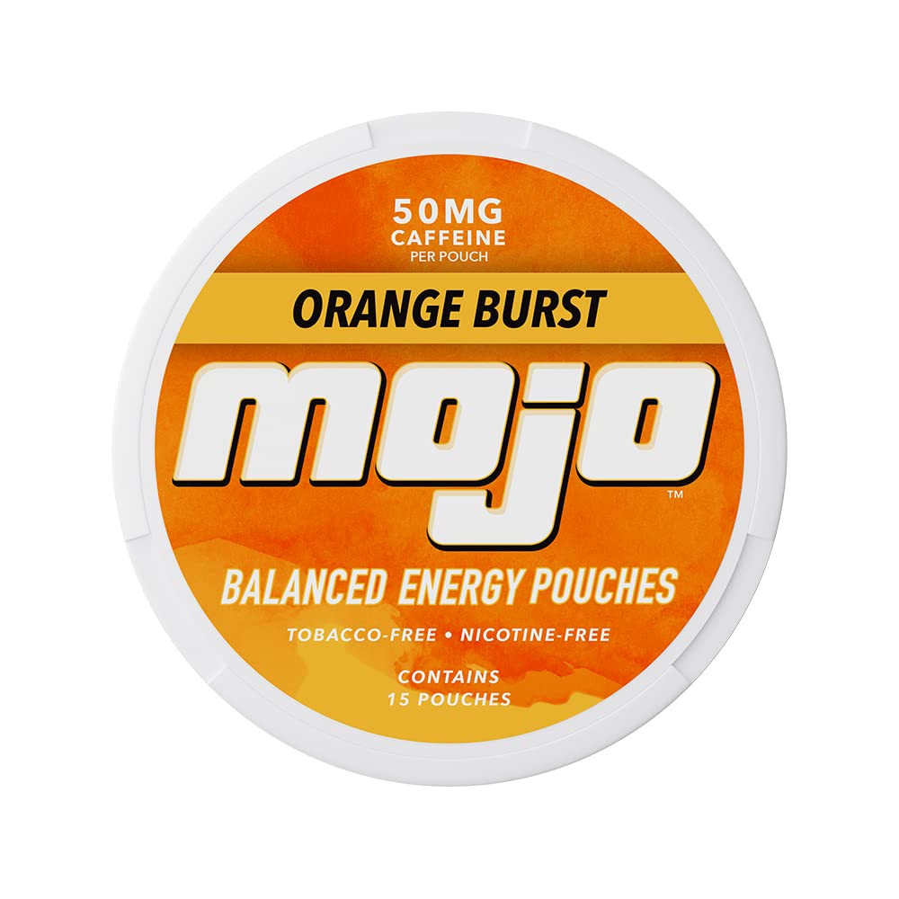 Five cans of MOJO Balanced Energy Pouches, Orange Burst flavor, stacked