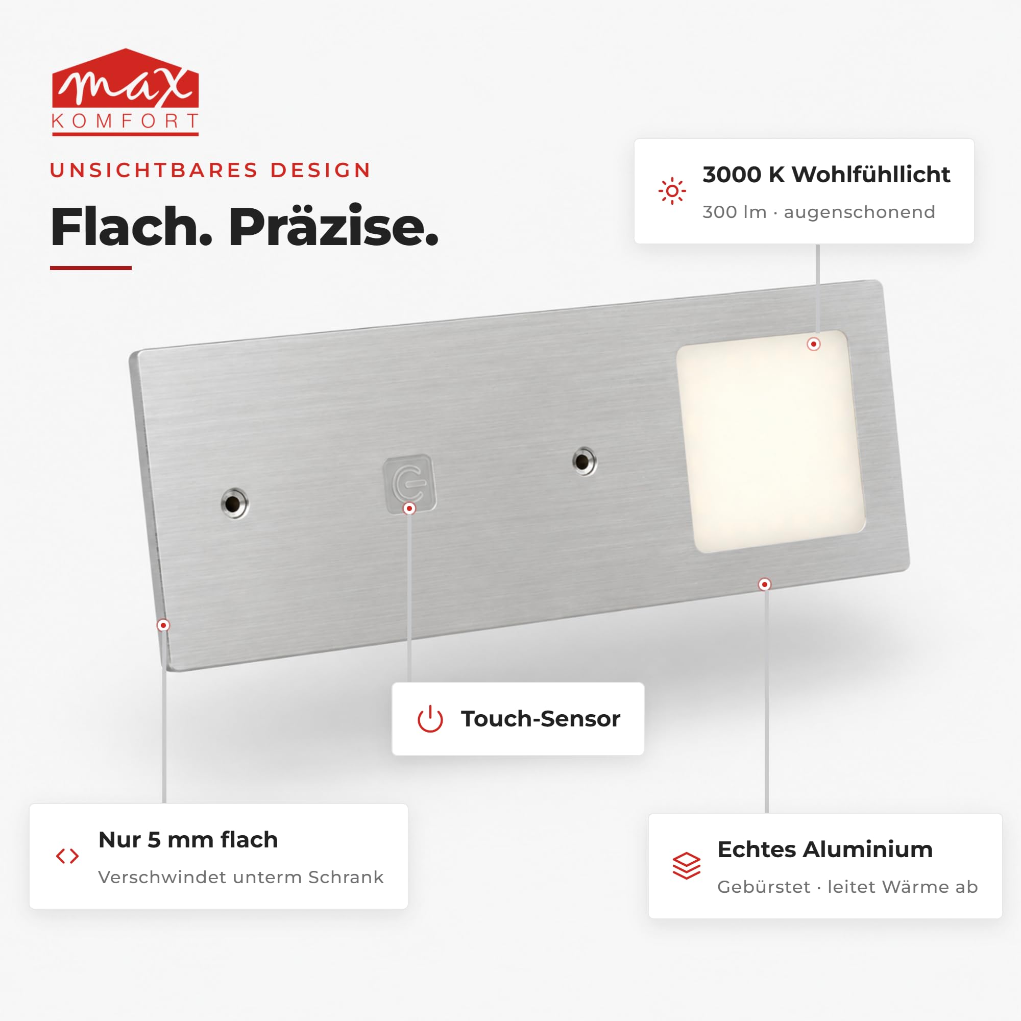 Maxkomfort LED Unterbauleuchte Küche 5er Set Dimmbar per Touch – 4W Warmweiß 3000K, Aluminium Ultraflach 5mm, Plug and Play Montage ohne Elektriker, Unterschrankleuchte Küchenschrank