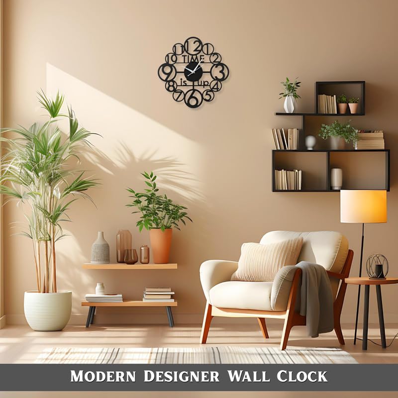 Image of Metal Analog Wall Clock for Living Room, Bedroom, Office & Hall | 38 X 38 CM | Stylish Modern Home Decor Wall Clock | Battery Operated | Time is Up Designer Round Design | Black